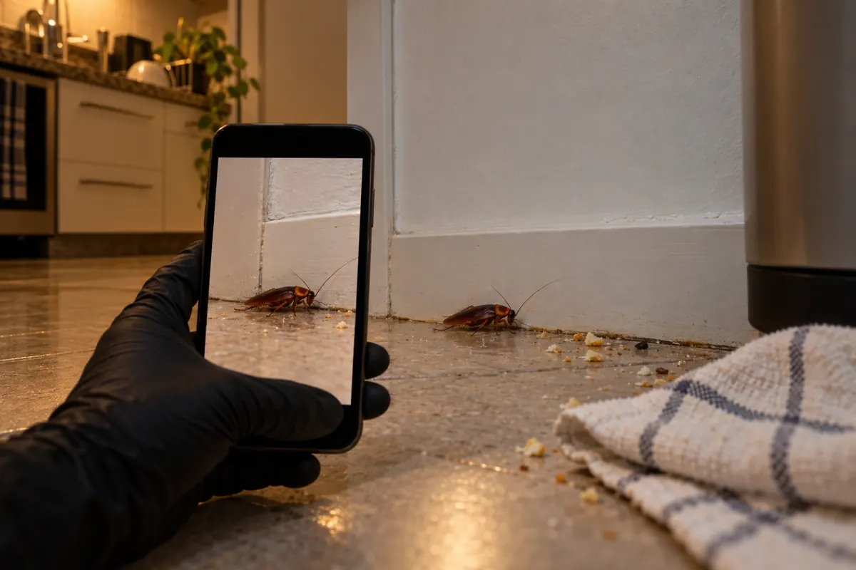Mão fotografando com o celular uma barata parada no rodapé da cozinha