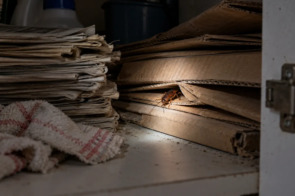 Caixas de papelão e jornais velhos no fundo do armário, com uma barata entrando entre as dobras