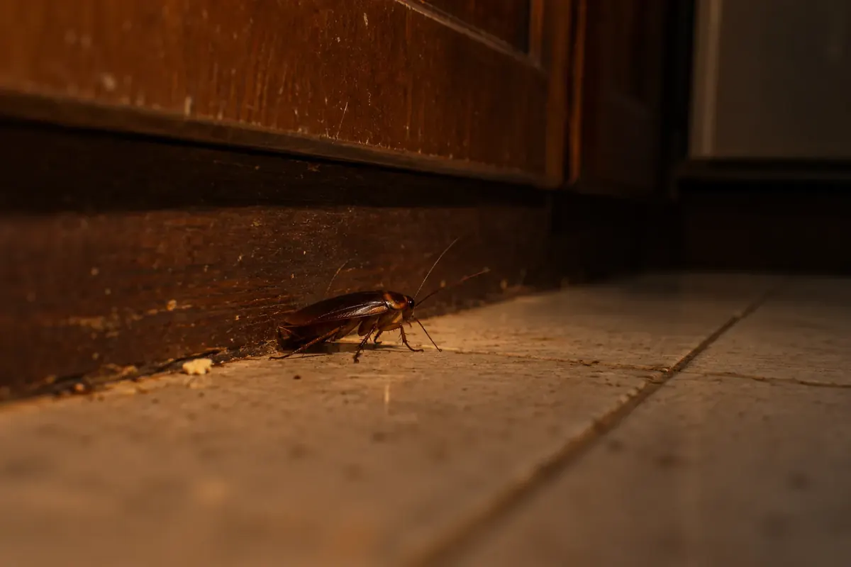 Barata passando pelo rodapé de uma cozinha à noite