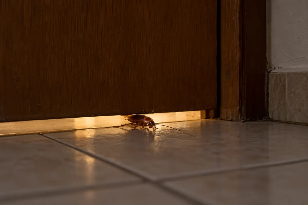 Barata grande entrando pelo vão embaixo da porta, com a luz do corredor passando pela fresta