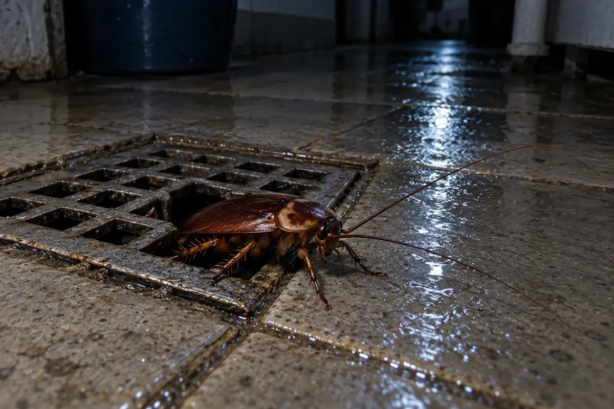 Barata de esgoto grande e avermelhada saindo pela grelha do ralo da área de serviço
