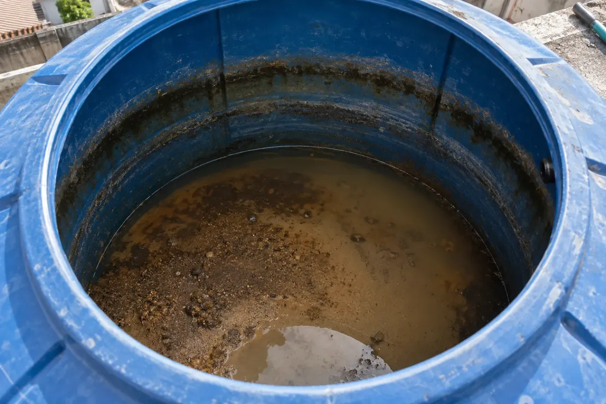 Interior de uma caixa d'água quase vazia, com lodo e areia no fundo e as paredes manchadas