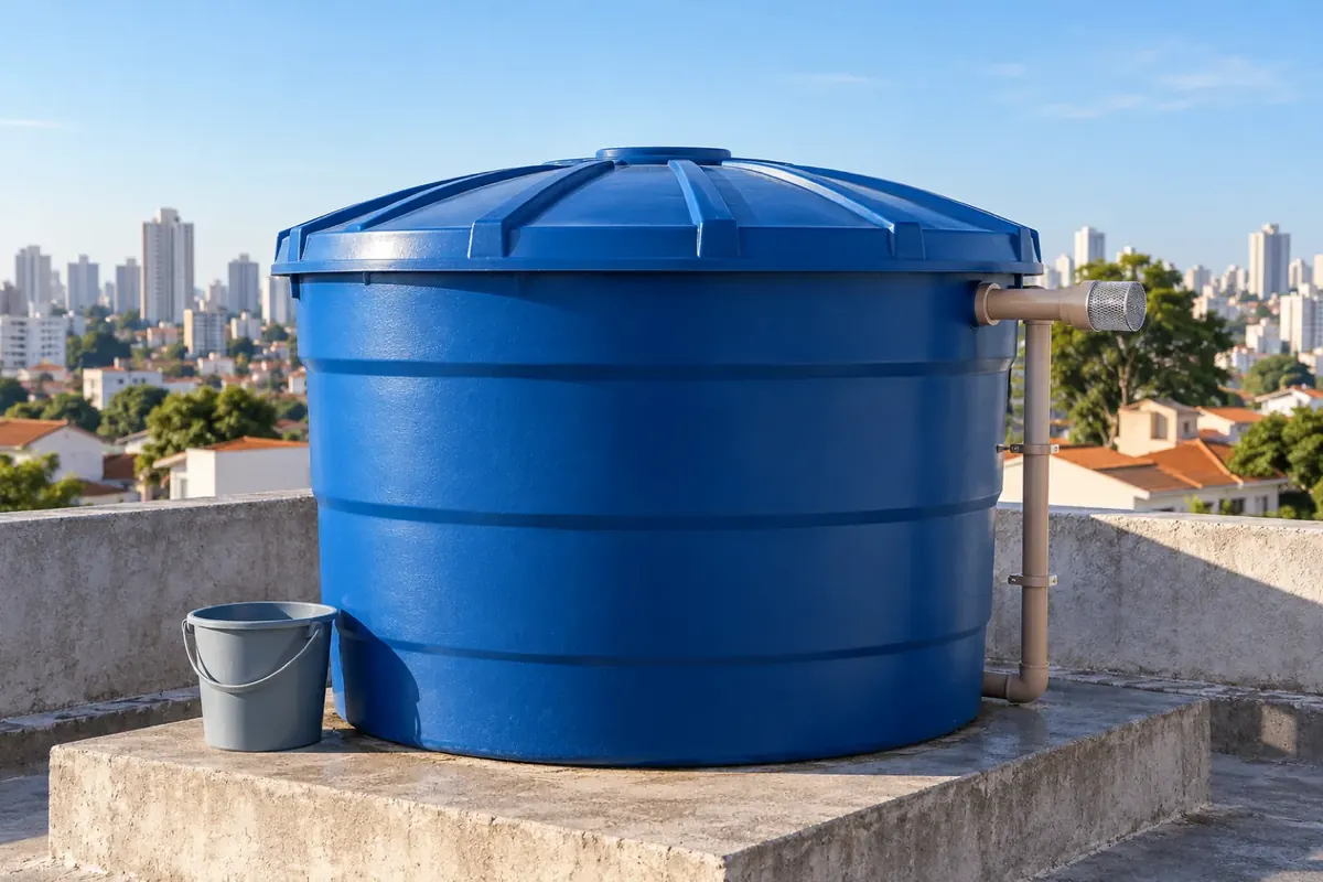 Caixa d'água azul na laje com a tampa encaixada e travada e o extravasor com tela