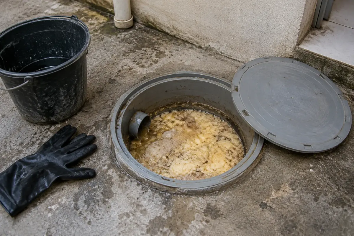 Caixa de gordura aberta, com a camada de gordura solidificada à vista