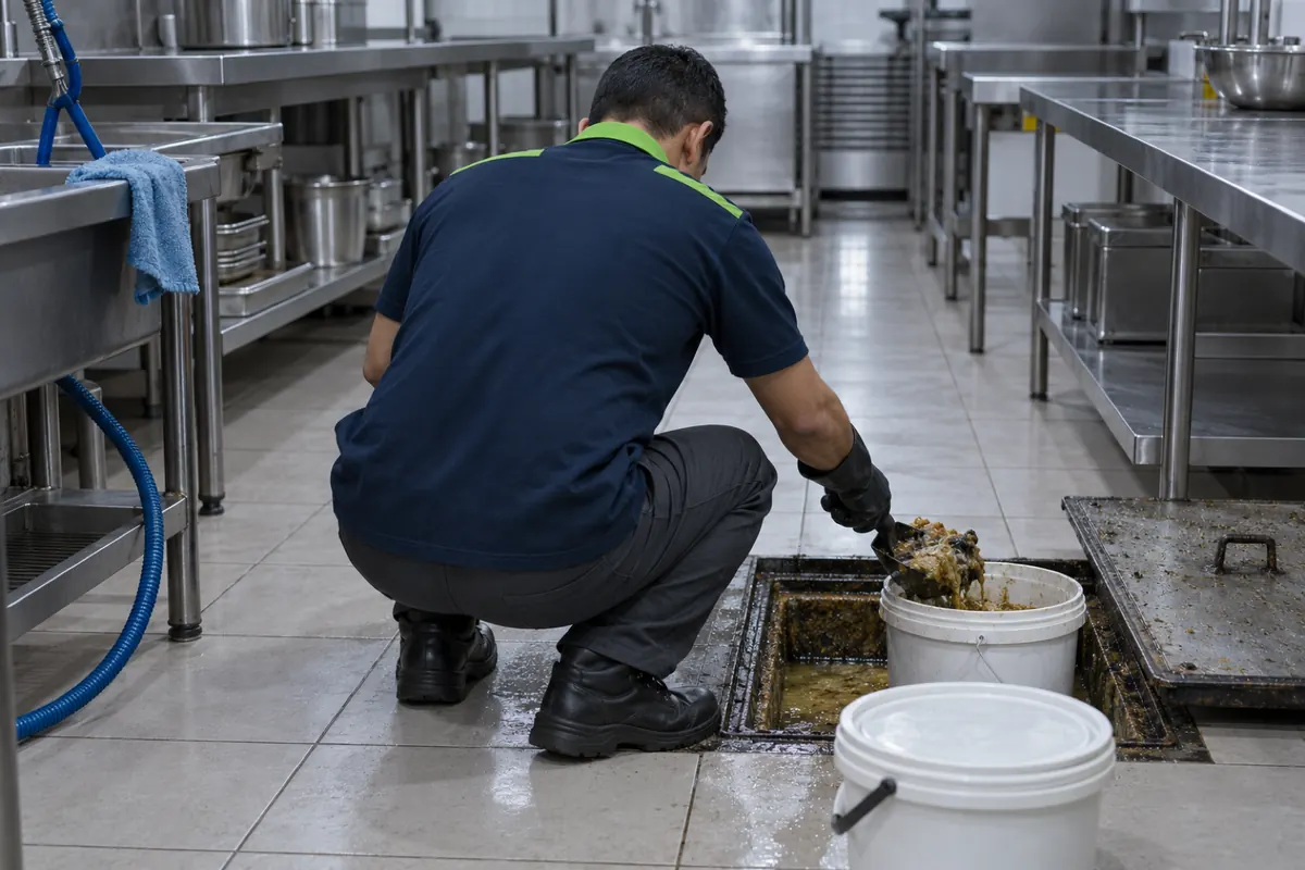 Técnico retirando gordura de uma caixa de gordura grande no fundo de uma cozinha comercial, fora do horário