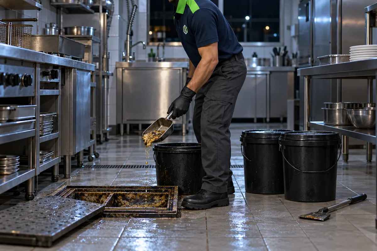 Técnico retirando a gordura da caixa no fundo de uma cozinha comercial vazia, com baldes fechados ao lado