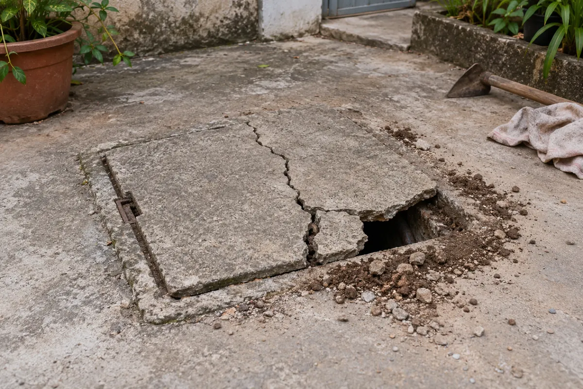 Tampa de concreto trincada de uma caixa de inspeção no quintal, com uma fresta aberta