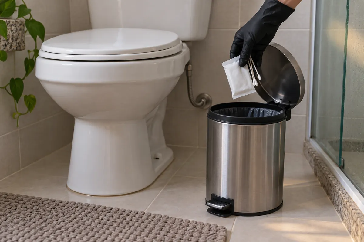 Mão jogando lenço umedecido e cotonete na lixeira ao lado do vaso sanitário fechado