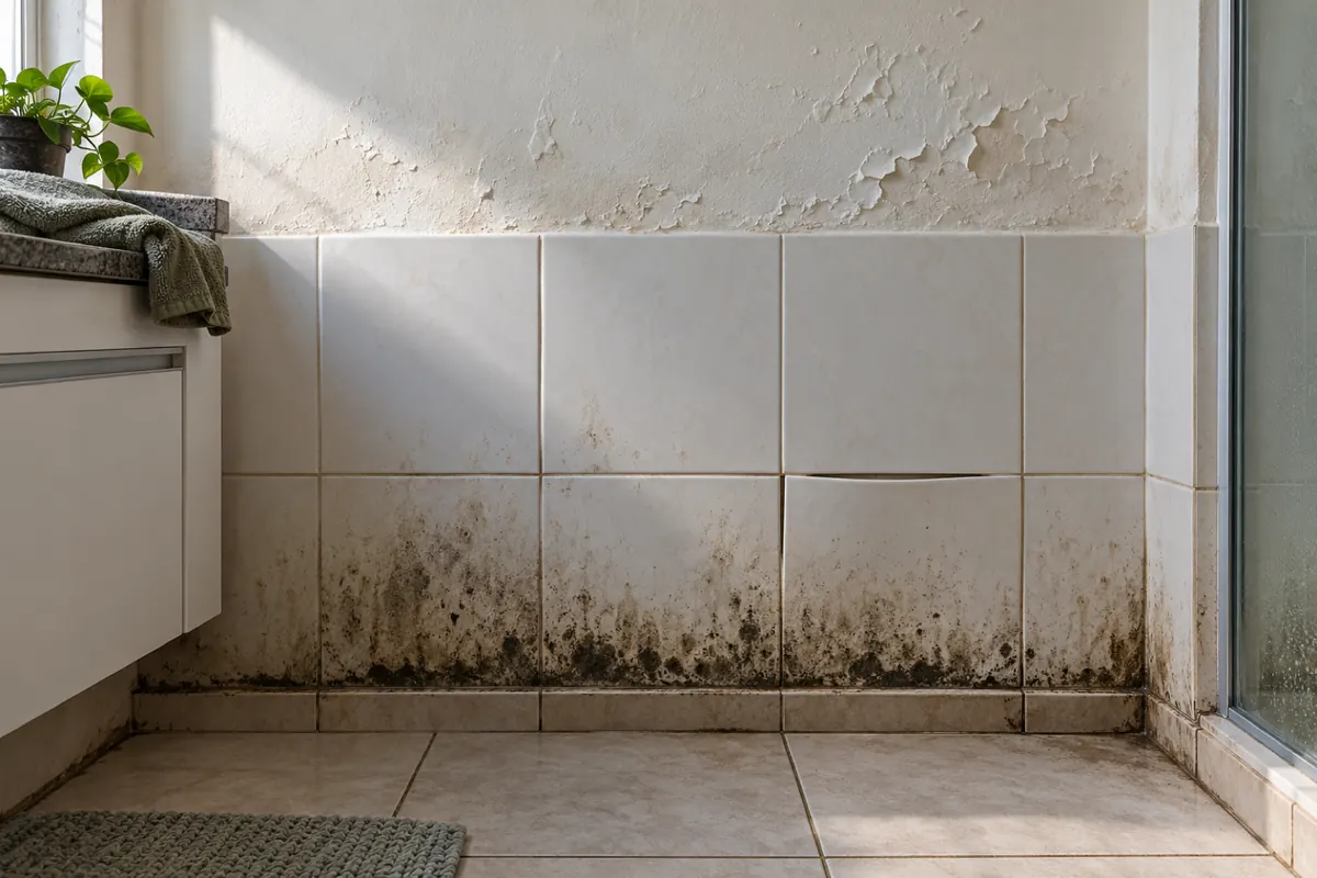 Parede de banheiro com mancha de umidade subindo do rodapé, azulejo estufado e tinta com bolhas