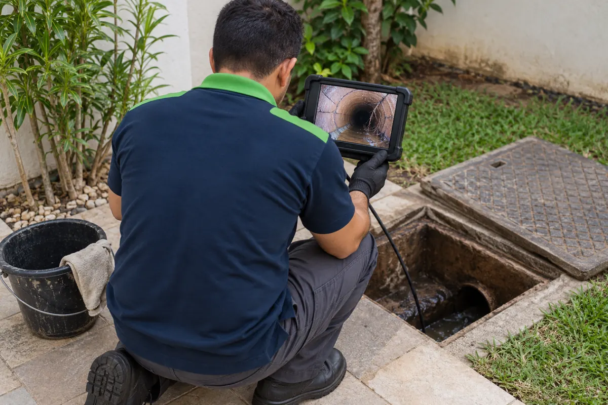 Técnico ajoelhado junto à caixa de inspeção, com o monitor mostrando a rachadura do cano por dentro