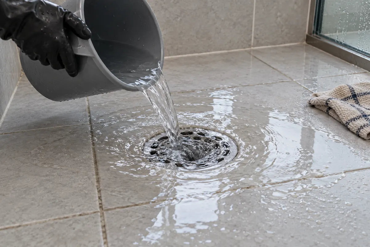 Mão de luva despejando um balde de água no ralo do box para testar se o cano escoa