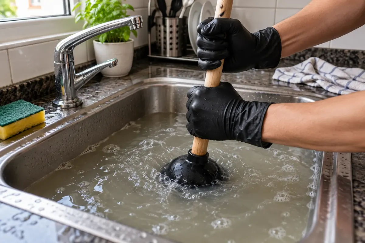 Mãos de luva usando um desentupidor de borracha na pia da cozinha cheia de água