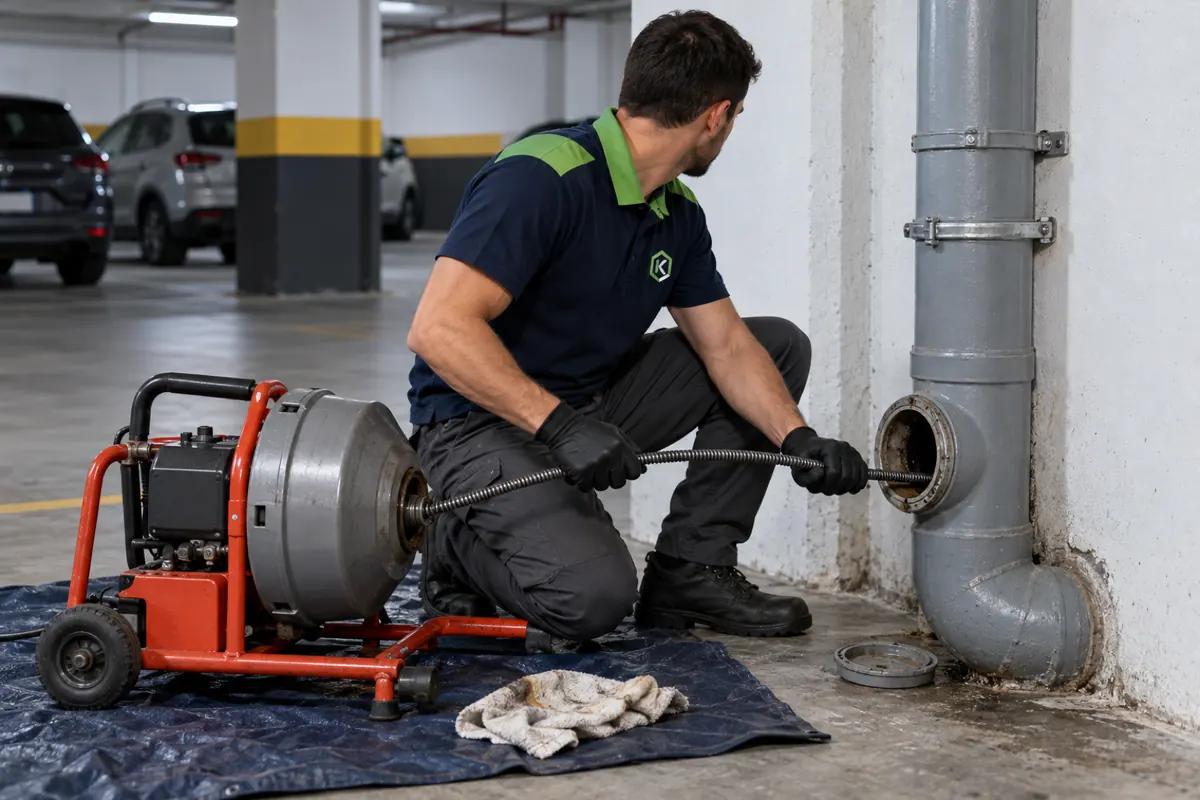 Técnico guiando o cabo da máquina de mola na inspeção da curva da base da coluna, na garagem do prédio