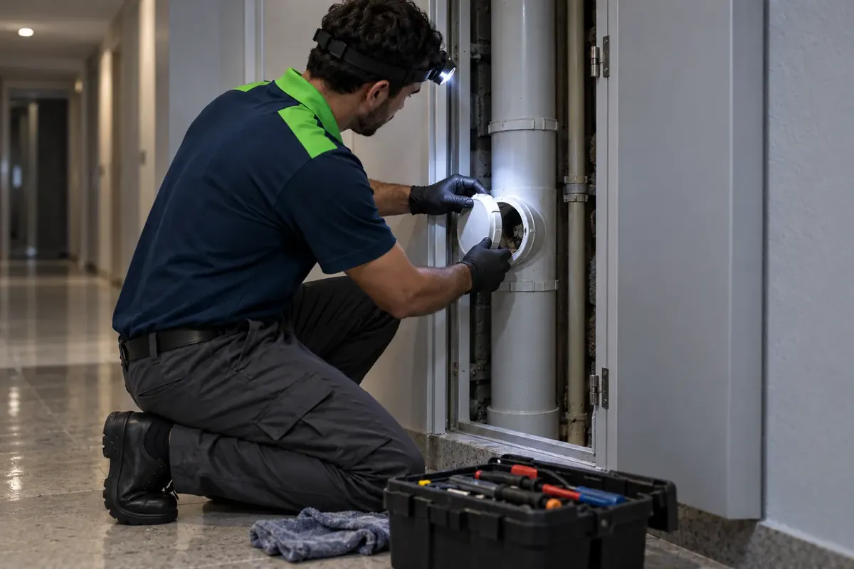 Técnico abrindo a inspeção do tubo de queda no shaft de um prédio
