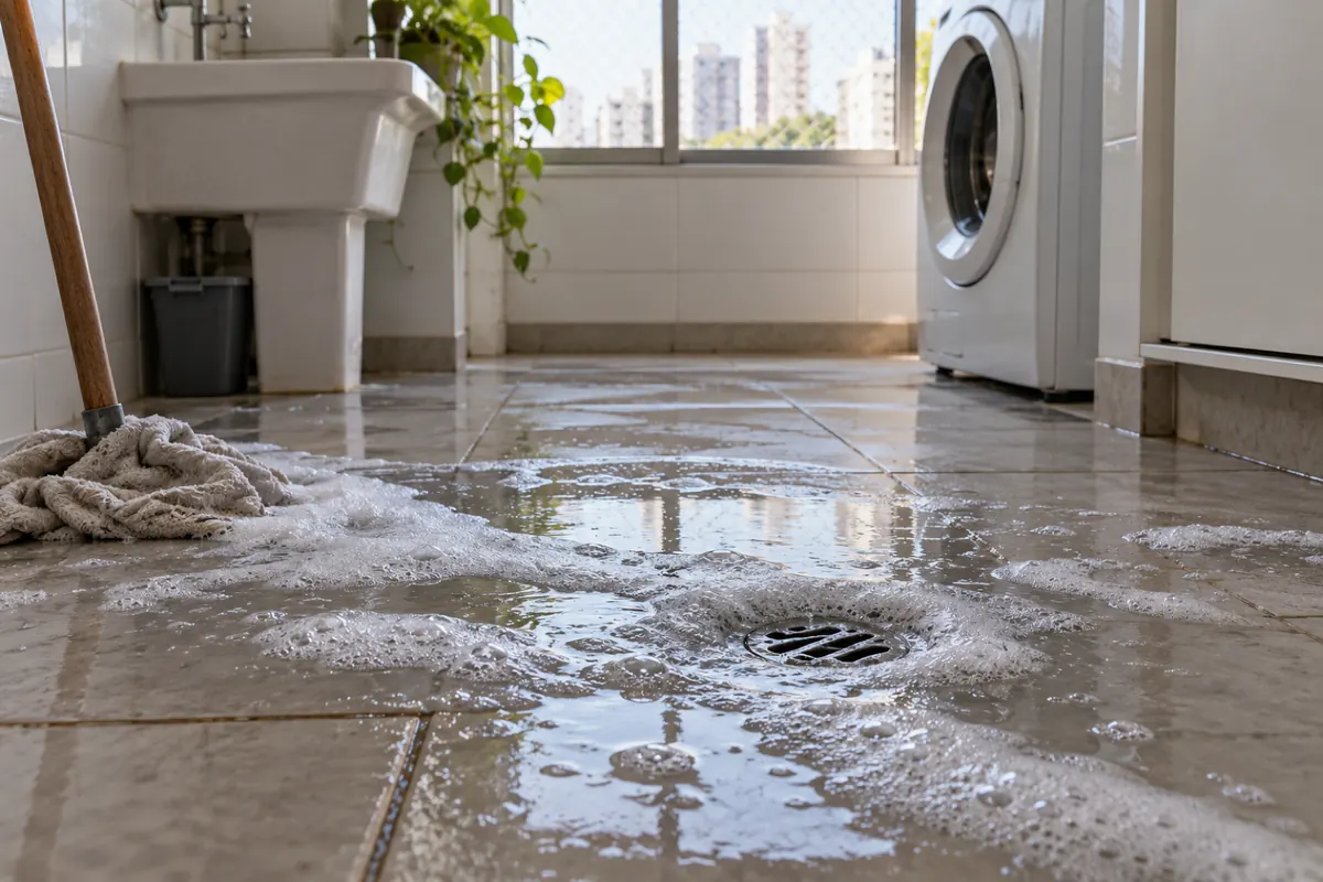 Ralo da área de serviço devolvendo água com espuma de sabão no piso do apartamento