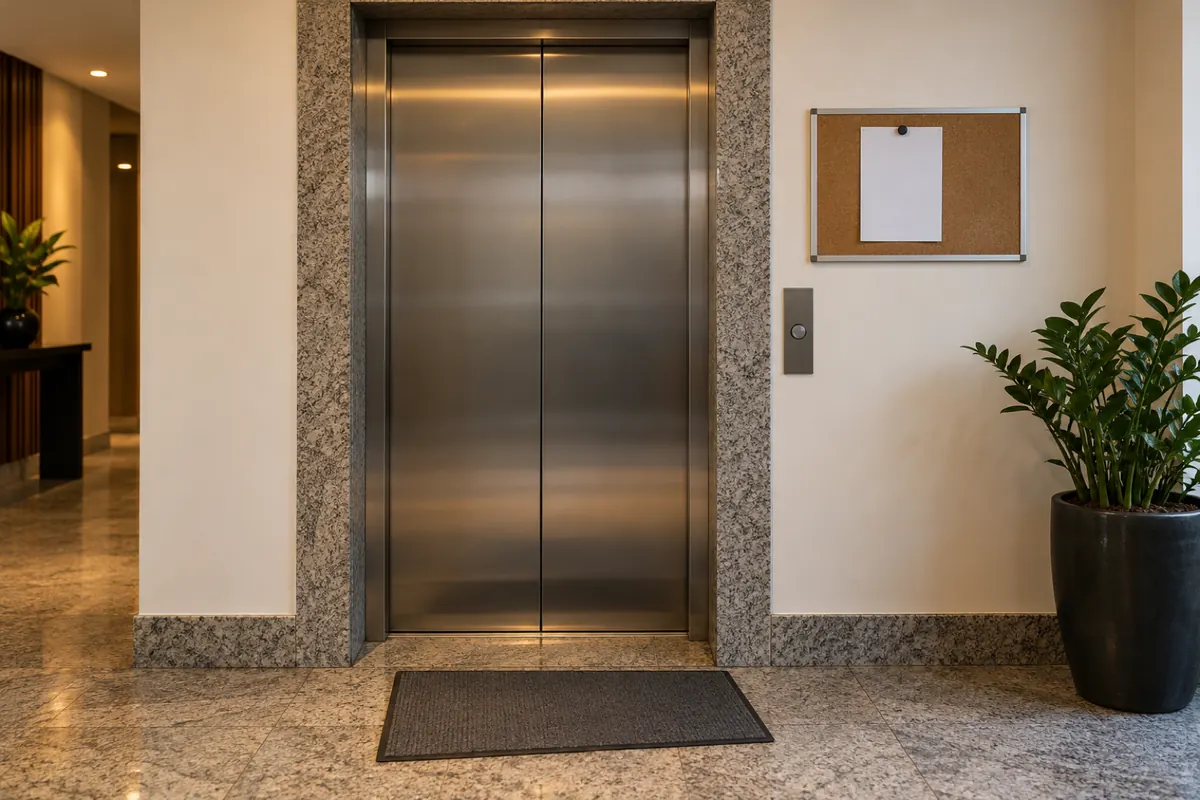 Folha de aviso presa no quadro de recados ao lado do elevador de um prédio residencial