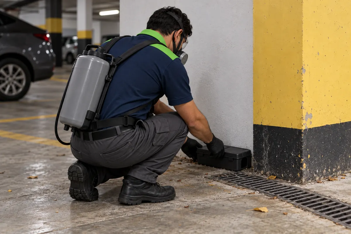 Técnico de luvas fixando um porta-isca fechado rente à parede da garagem de um prédio