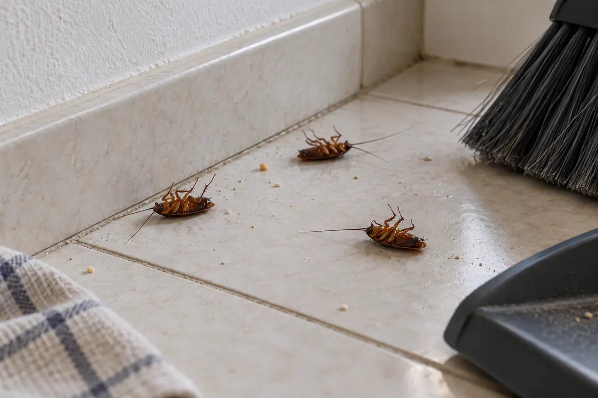 Baratas mortas de barriga para cima junto ao rodapé da cozinha e uma pá de lixo pronta para recolher