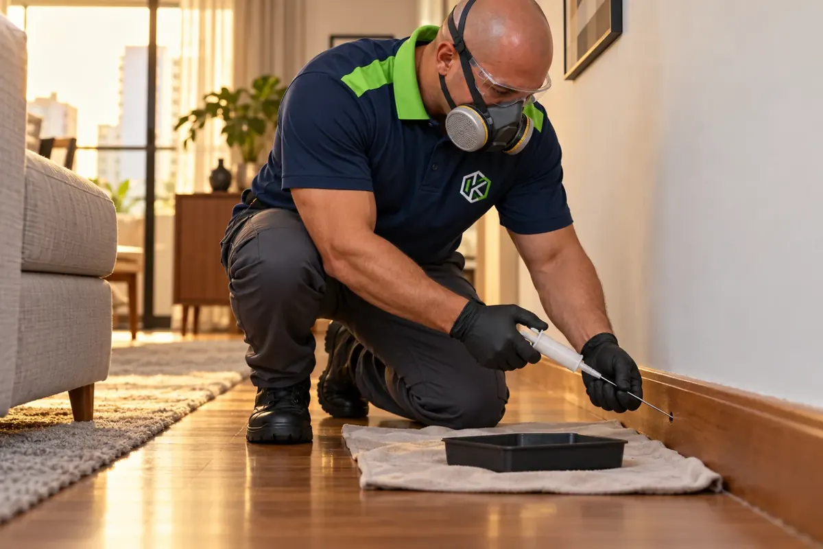 Técnico aplicando produto contra cupim no rodapé de madeira