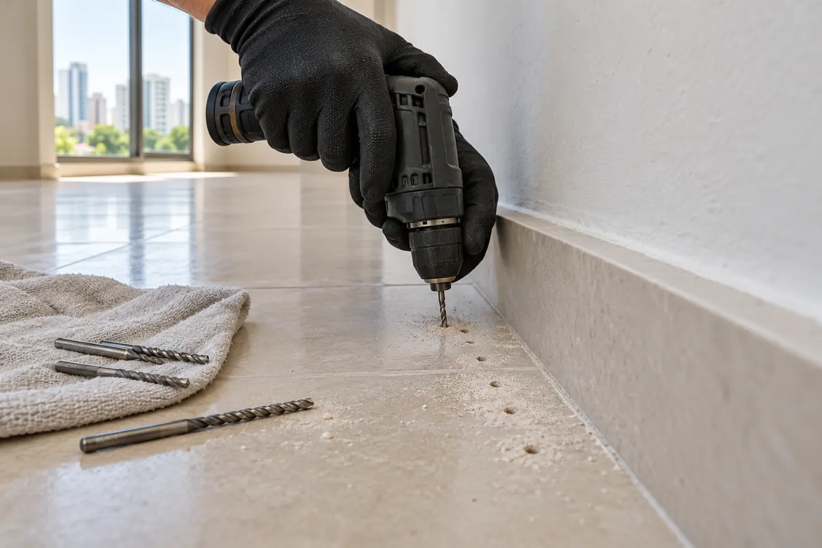 Furos em linha no piso junto ao rodapé para a barreira química contra cupim de solo