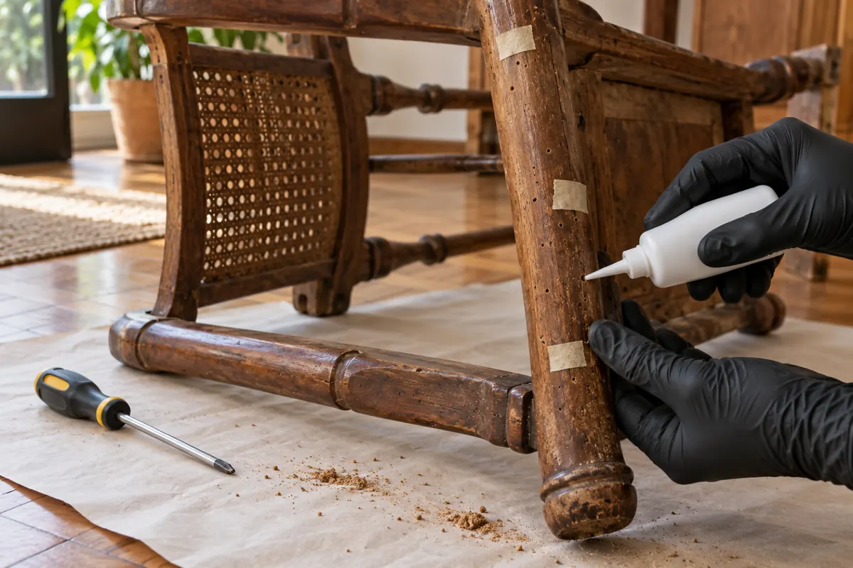 Mãos de luva injetando produto nos furos marcados com fita na perna de uma cadeira de madeira