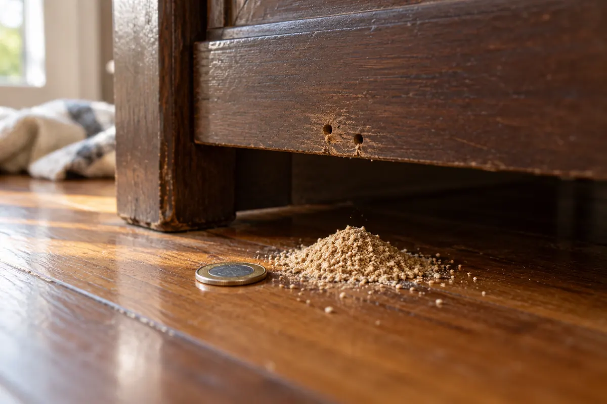 Montinho de grãos secos de cupim de madeira seca no piso, com uma moeda ao lado para a escala
