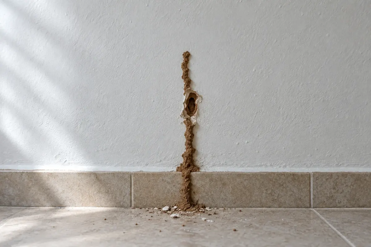 Túnel de terra do cupim subterrâneo subindo pela parede a partir do rodapé