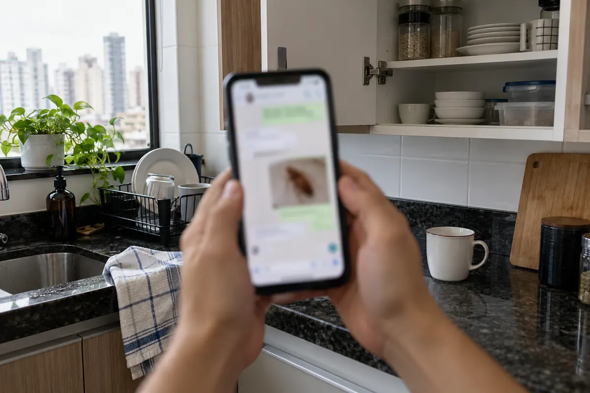 Mãos segurando o celular com a foto de uma barata para pedir o preço da dedetização por mensagem