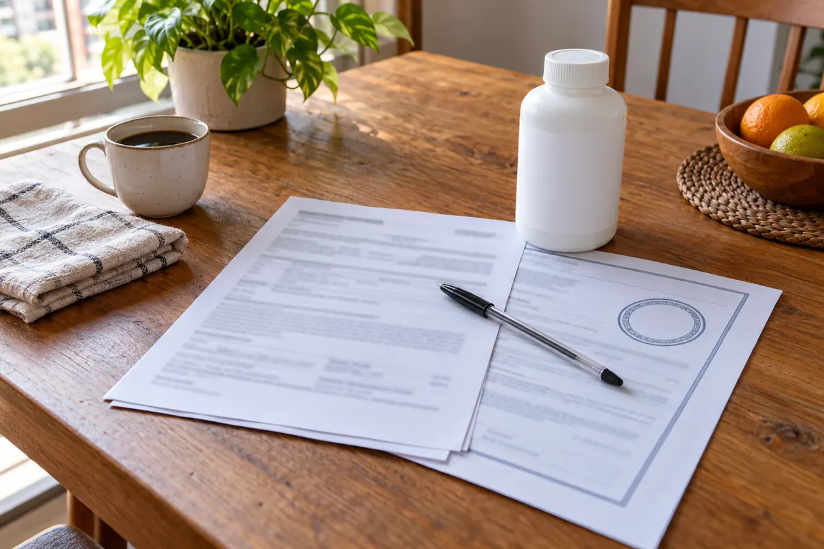 Ordem de serviço, cópia da licença e frasco de produto sobre a mesa para conferir antes de contratar