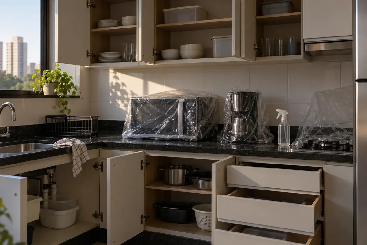 Cozinha com o micro-ondas e a cafeteira cobertos por plástico e os armários abertos para a dedetização