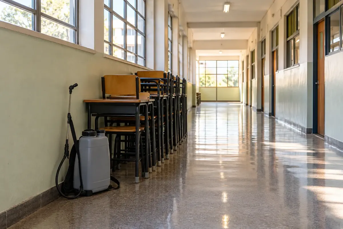Corredor de escola vazio com uma mochila de pulverização apoiada na parede