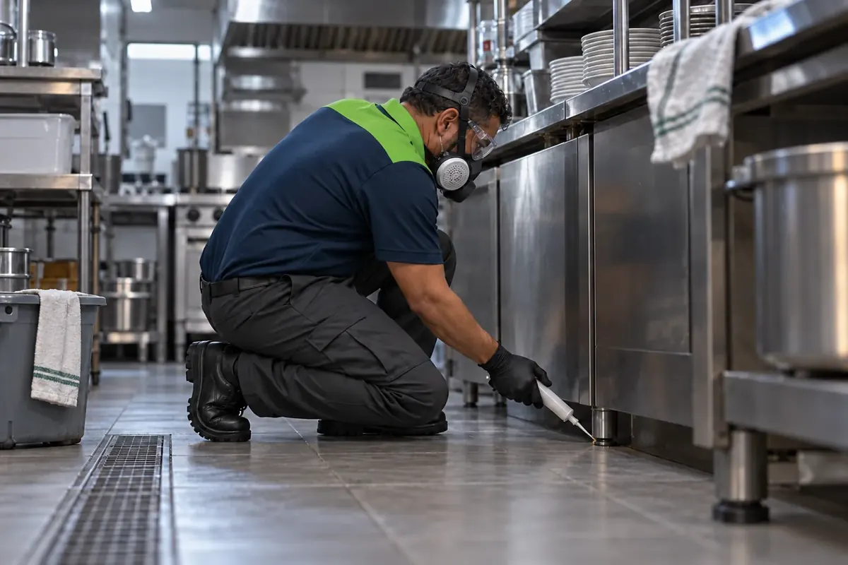 Dedetizador de uniforme e máscara aplicando gel embaixo da bancada de inox de uma cozinha comercial