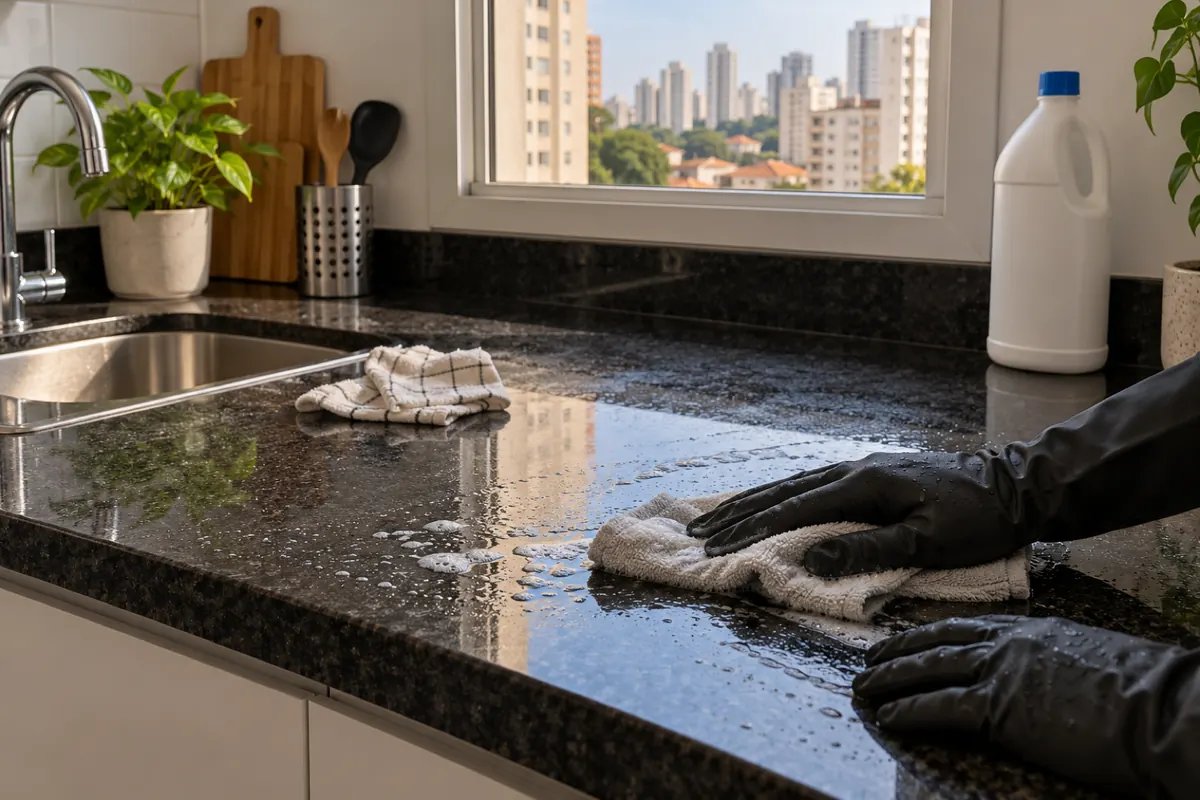 Mãos de luva limpando a bancada com pano e detergente neutro, com a água sanitária deixada de lado
