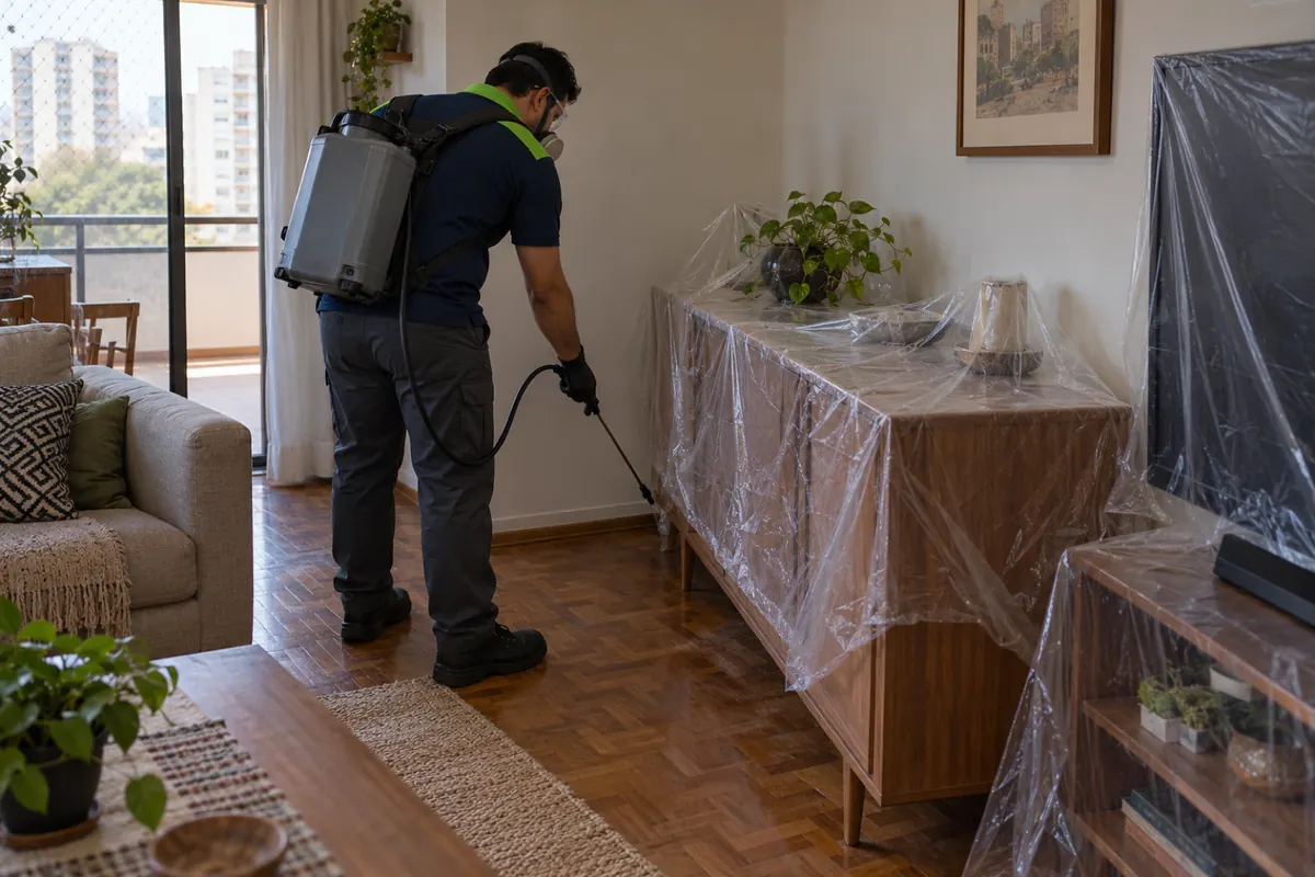 Aplicação no rodapé atrás de um aparador afastado da parede e coberto com plástico, com a TV coberta ao lado