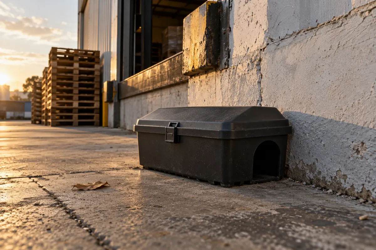 Porta-isca fechado junto à parede de um galpão, ao lado da doca de carga com pallets