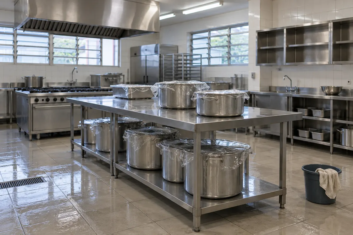 Cozinha da merenda de uma escola com as bancadas e panelas cobertas antes da dedetização