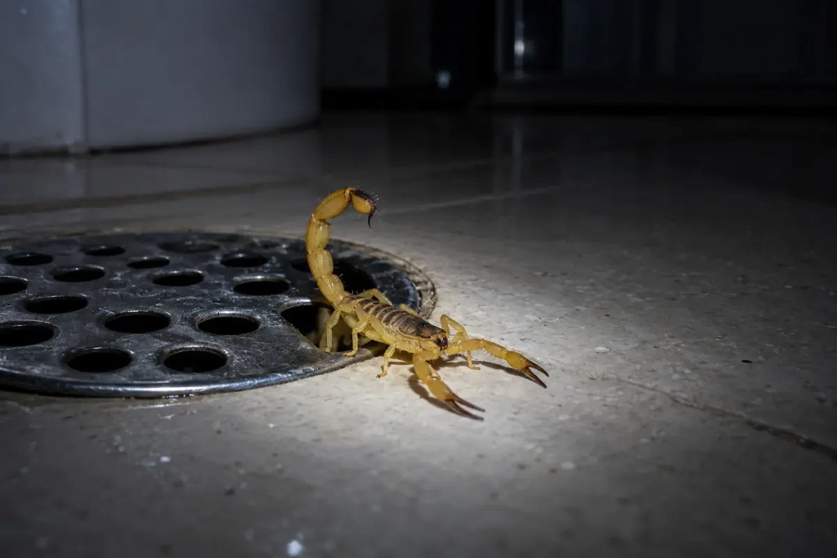 Escorpião-amarelo saindo pela grelha do ralo do banheiro à noite
