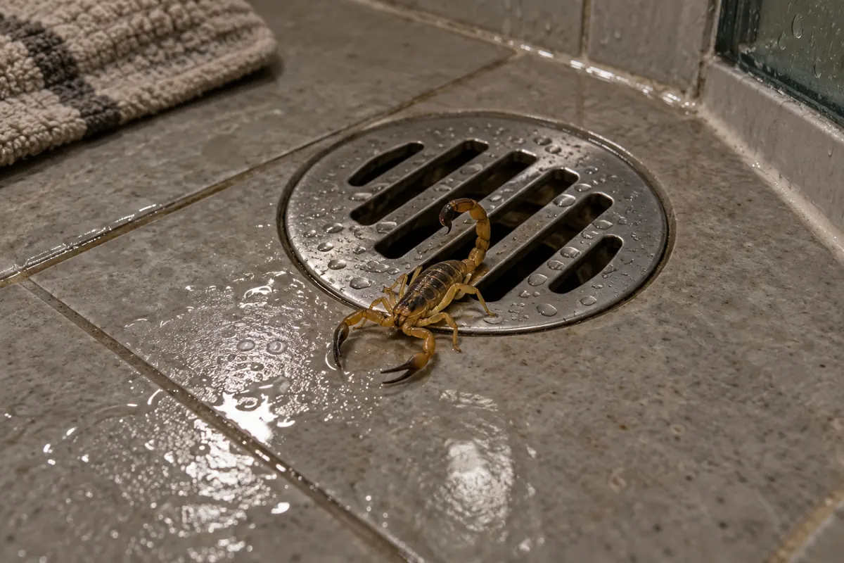 Escorpião-amarelo saindo pela grelha de um ralo de box sem tela, à noite