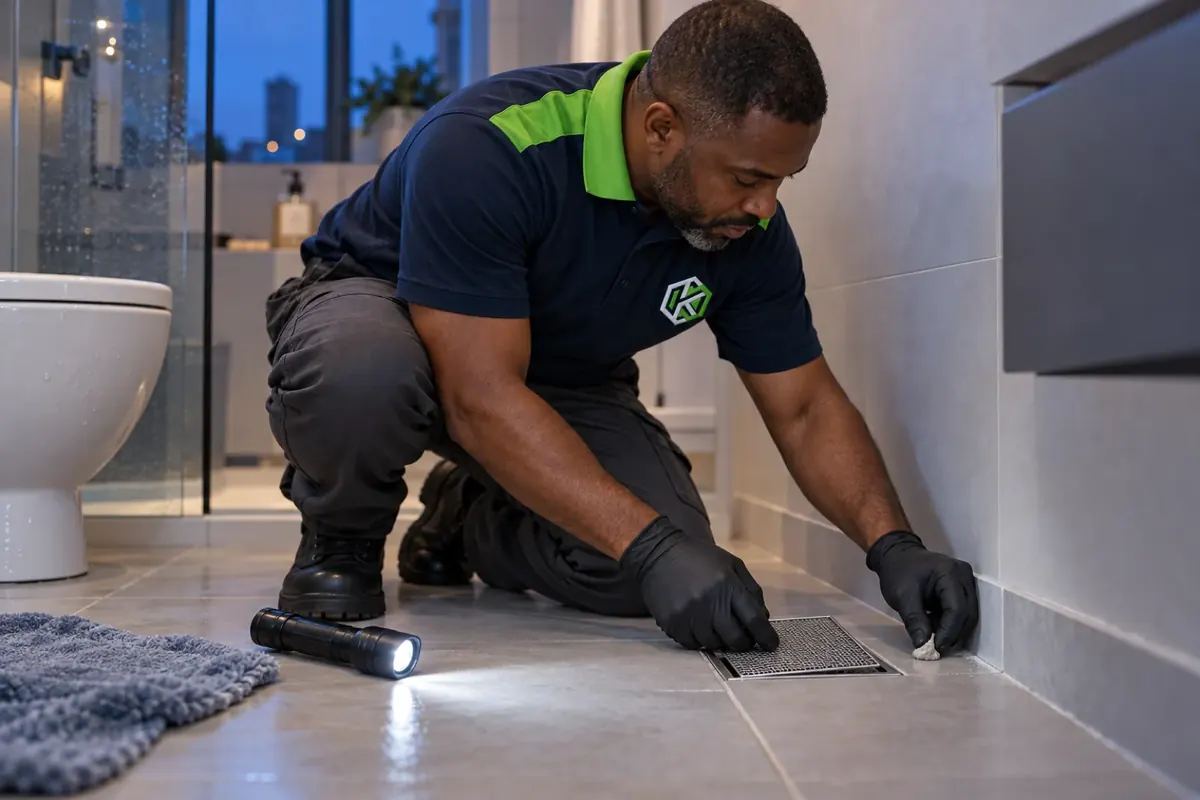Técnico instalando tela de proteção no ralo do banheiro