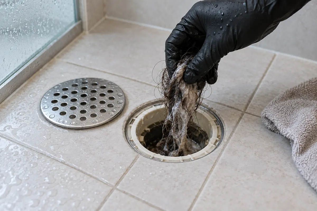 Caixa sifonada aberta no piso do banheiro, com a mão de luva tirando um bolo de cabelo e sabão