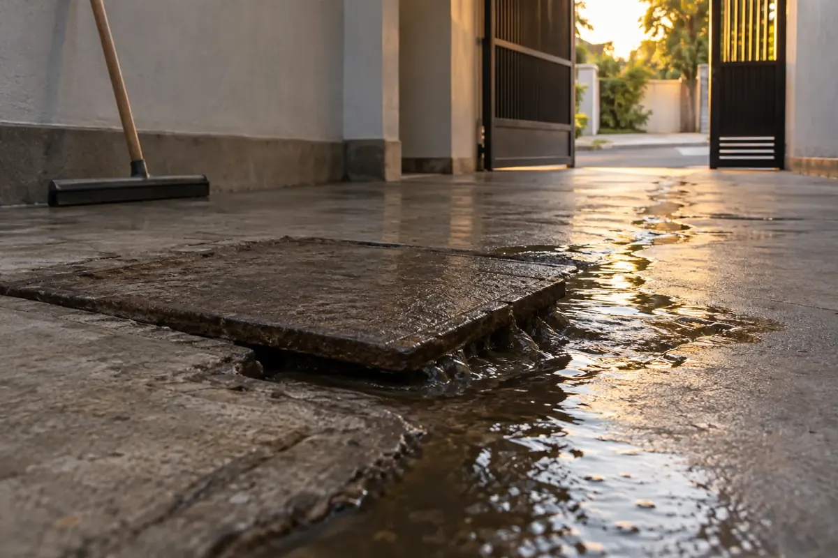 Caixa de esgoto transbordando no piso da garagem