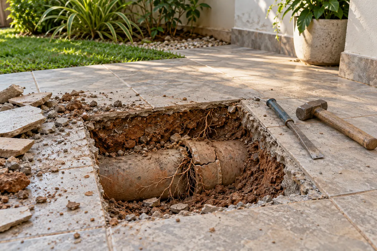 Recorte pequeno no piso do quintal mostrando a manilha de barro rachada, com raízes entrando pela emenda