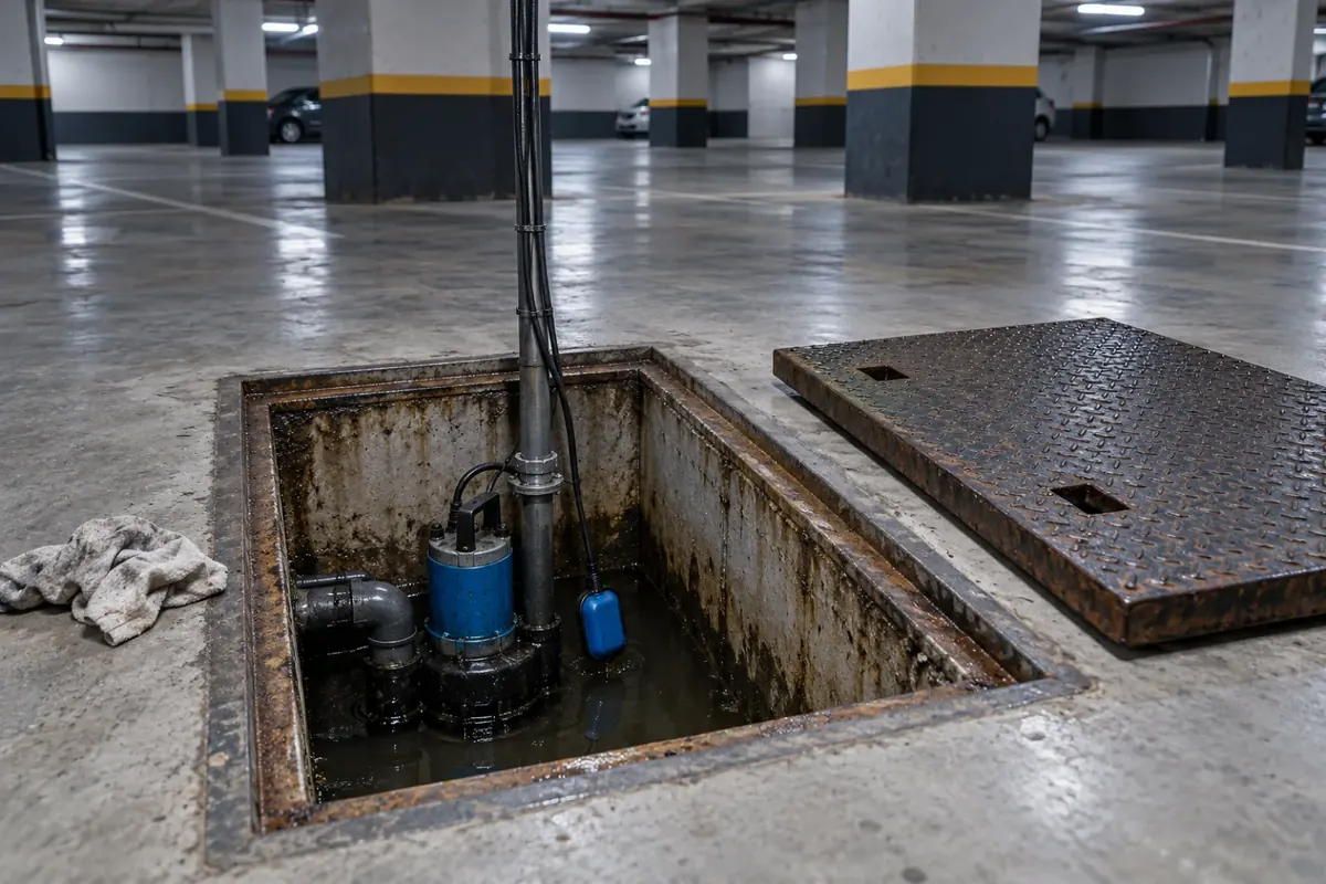 Poço de recalque de esgoto aberto na garagem do subsolo de um prédio