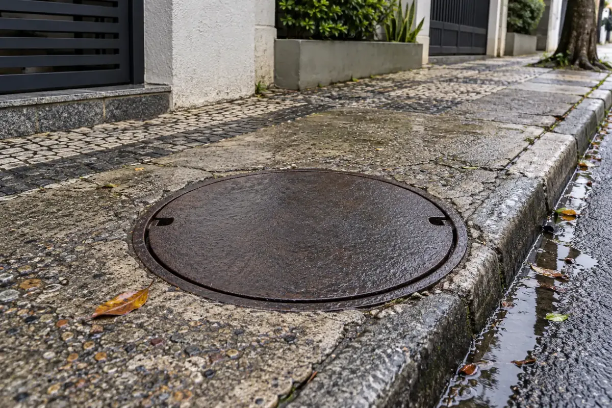 Tampa de ferro do poço de visita da rede de esgoto na calçada