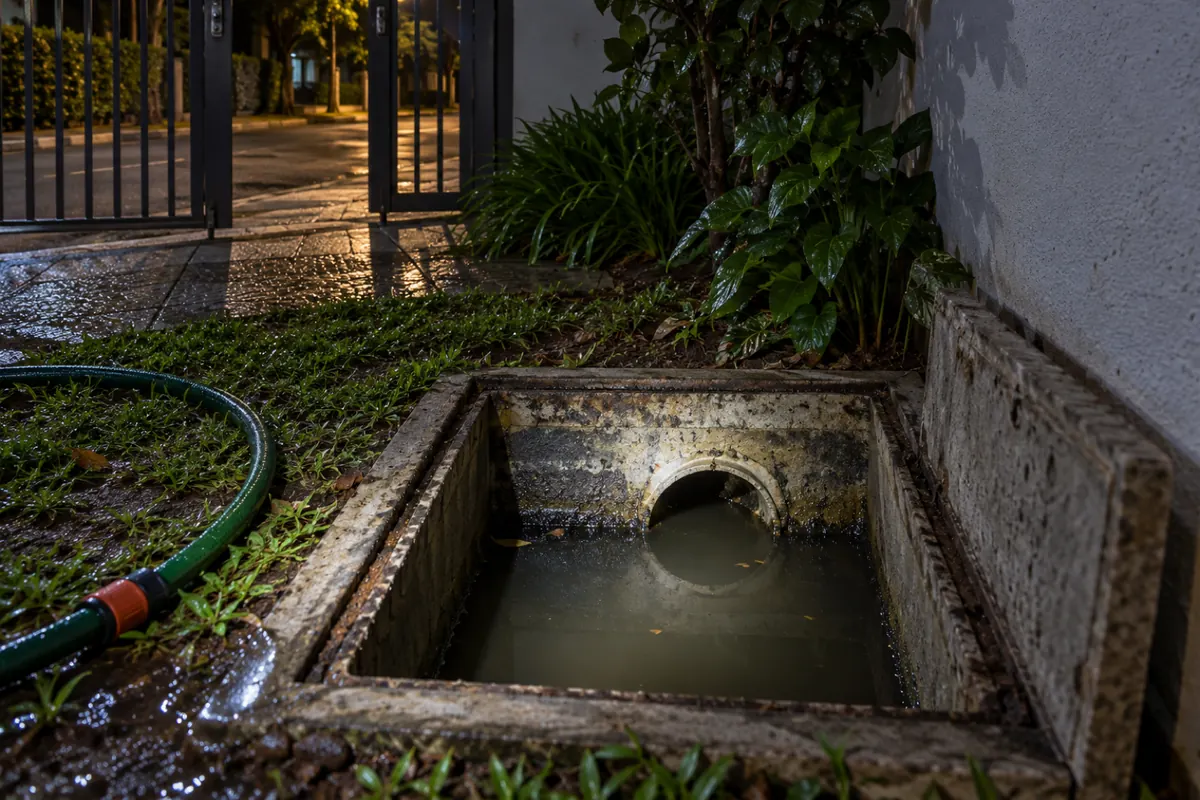 Lanterna iluminando a saída do cano para a rua dentro da caixa de inspeção, com a água parada até a boca