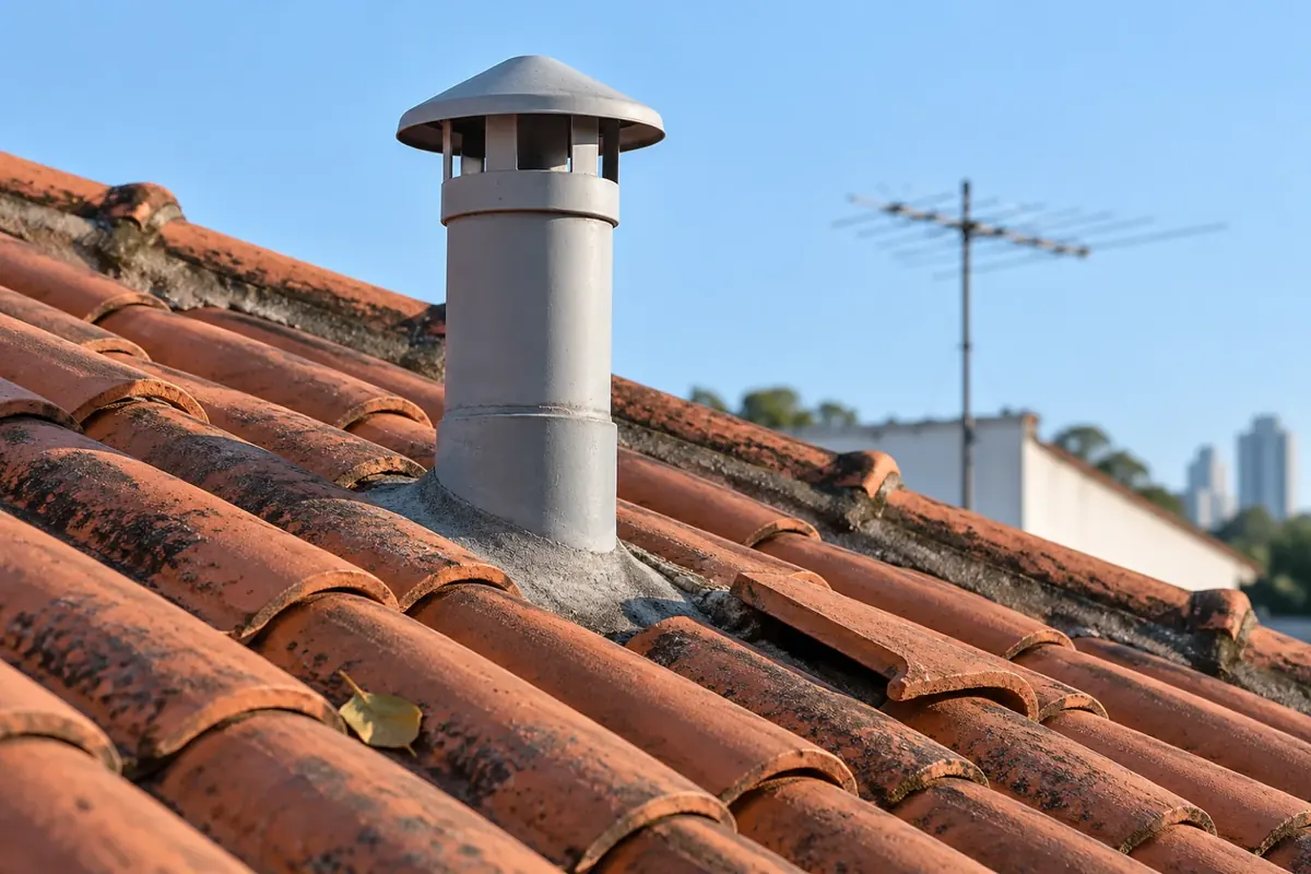 Tubo de ventilação do esgoto saindo acima do telhado de um sobrado