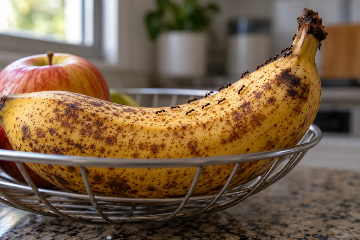 Formigas pequenas subindo numa banana madura na fruteira da cozinha