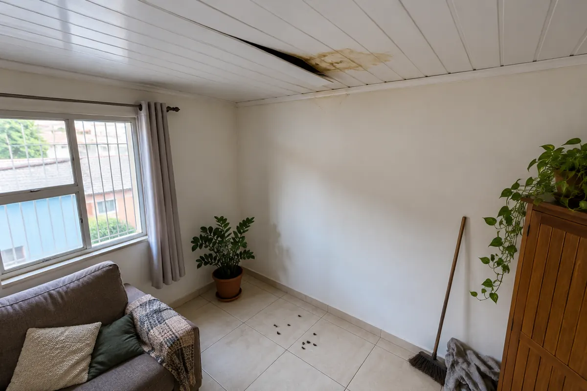 Forro de PVC com uma placa deslocada, mancha amarelada e fezes de rato no piso abaixo