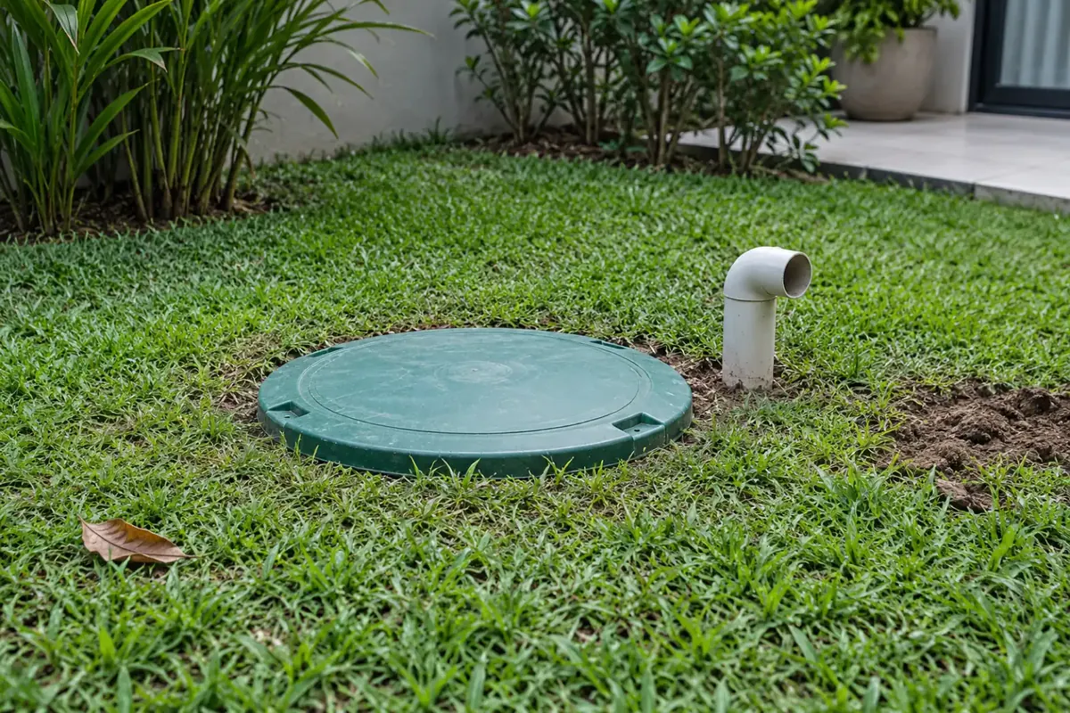Tampa da fossa biodigestora enterrada no quintal