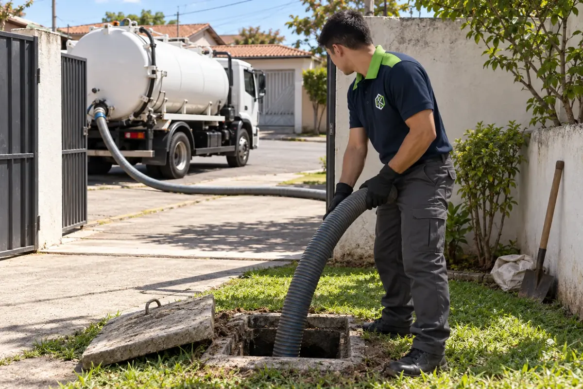 Caminhão de sucção com a mangueira estendida até a fossa no quintal